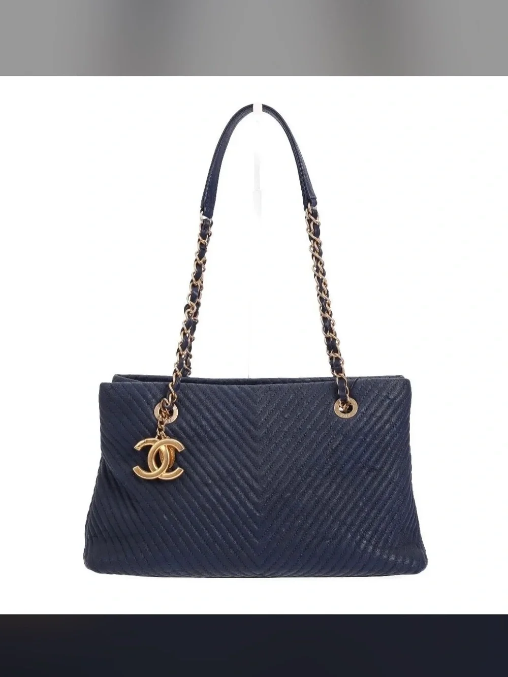 Chanel Chevron Shoulder Bag Navy Blue